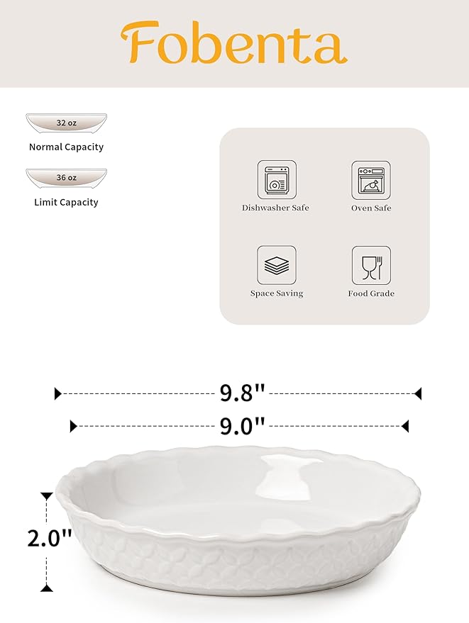 9 Inch Embossed Ceramic Pie Dish,36oz Deep Fluted Baking Pan with Floral Pattern,Elegant Pie Plate for Apple, Quiche, Tart–Oven & Dishwasher Safe