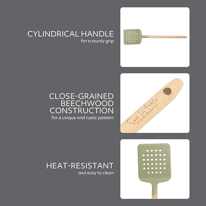 Sur La Table Kitchen Essential Chef's Toolkit Silicone Slotted Turner With Beechwood Handle - Juniper Green