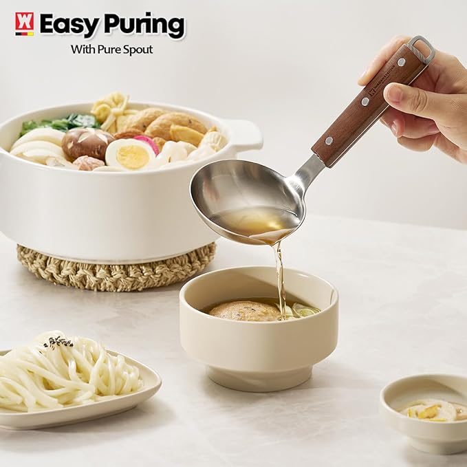 7.87" x 3.94" Short Ladle with Wooden Handle & Spout, SUS304 Stainless Steel Head, Ergonomic & Durable Design, Ideal for Serving Soup, Stews & Sauces, Comfortable Grip