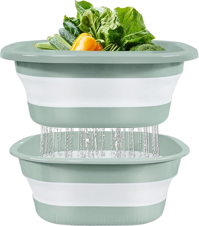 Collapsible Colander and Sink Basin Set - 2 in 1 Collapsible Colander Strainer with Collapsible Wash Basin for Kitchen, RV Camping, Foldable Fruit Vegetable Washing Basket, 2 QT, Blue