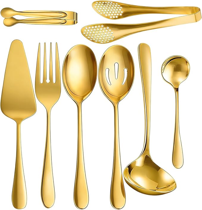 8 PCS Stainless Steel Serving Utensils, Ice Suger Tongs, Large Serving Spoons Slotted Spoons, Cake Server, Forks, Soup Ladle, Metal Utensils Set Tool for Buffet Catering Banquet Party(Gold)
