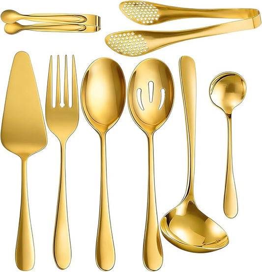 8 PCS Stainless Steel Serving Utensils, Ice Suger Tongs, Large Serving Spoons Slotted Spoons, Cake Server, Forks, Soup Ladle, Metal Utensils Set Tool for Buffet Catering Banquet Party(Gold)