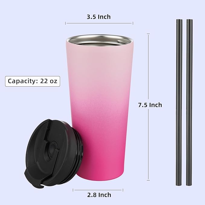 22 OZ Insulated Tumbler with Lid and 2 Straws Stainless Steel Water Bottle Vacuum Travel Mug Coffee Cup,Cherry