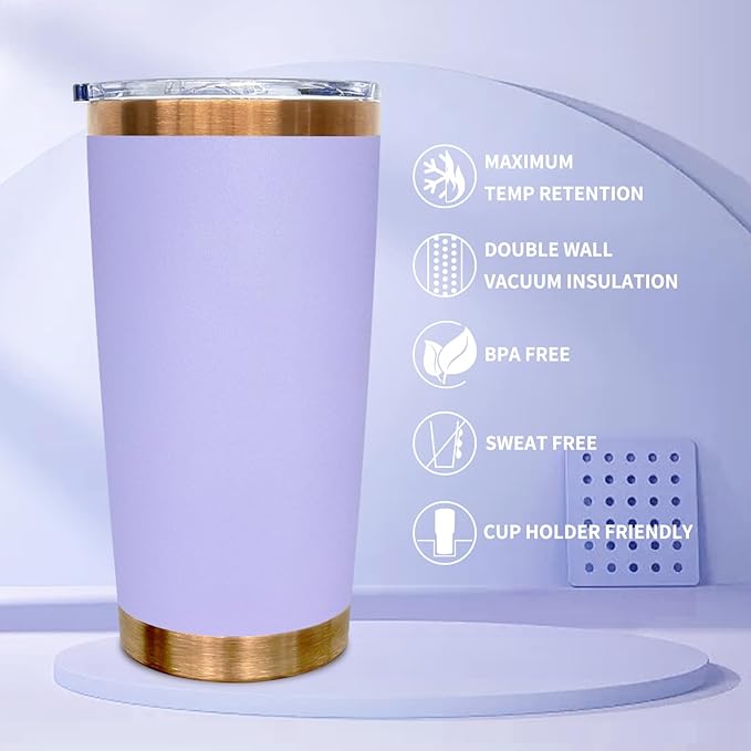 20 oz Tumbler Bulk Stainless Steel Tumblers with Lids and Straws, Double Wall Vacuum Insulated Travel Coffee Mug for Laser Engrave, Powder Coated Cups for Hot and Cold Drinks (Lilac,1 pack)