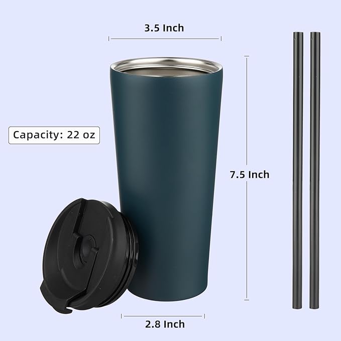 22 OZ Insulated Tumbler with Lid and 2 Straws Stainless Steel Water Bottle Vacuum Travel Mug Coffee Cup,Navy Blue