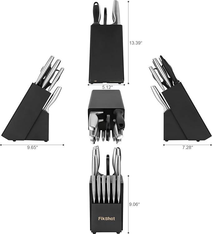 Kitchen Knife Set, Including Knife Block Set and Sharpener - Made of High Carbon Steel, Rust-Resistant, Ergonomic Handle, Suitable for Cooking, Grilling and Gifting
