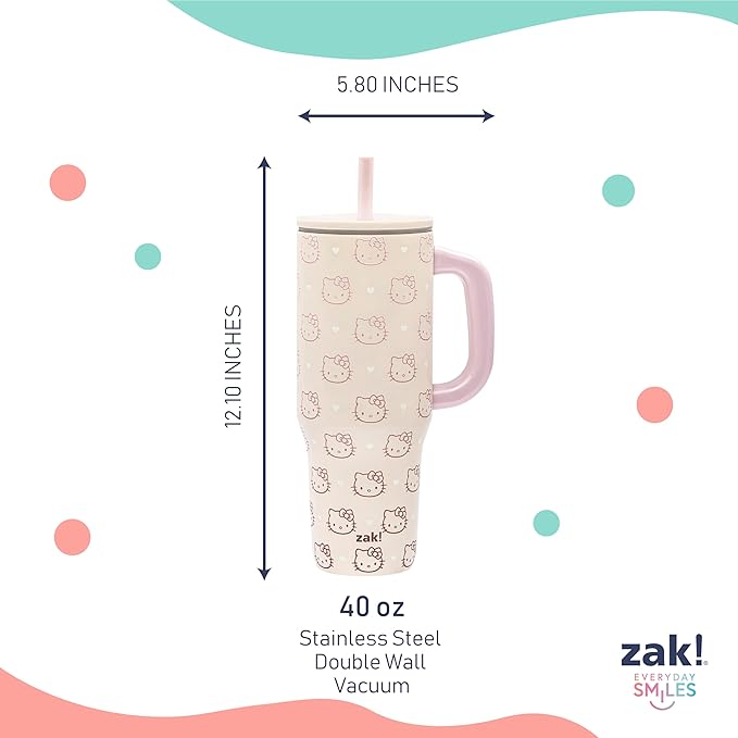 Zak Designs Sanrio Sutton Travel Tumbler for On the Go or At Home, 40oz Stainless Steel with Vacuum Insulation, Silicone Straw, and Carry Handle for Cold Drinks (Hello Kitty)