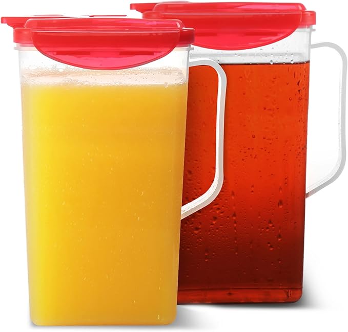 Red 50 Oz. Plastic Pitcher Set of 2 | Fridge Door Jug with Lid | Airtight Iced Tea Container