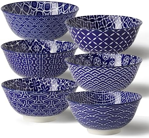 Metahom Cereal Bowls Set of 6, Ceramic Soup Bowls, 23 Oz, Blue and White