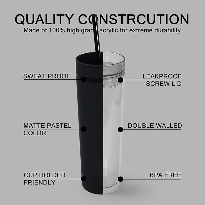sweet grain Skinny Tumblers with Lids and Straws(6 Pack) - 16oz Matte Pastel Colored Skinny Acrylic Tumblers, Double Wall Plastic Tall Skinny Tumblers Bulk for Cold Hot Drinks - Black
