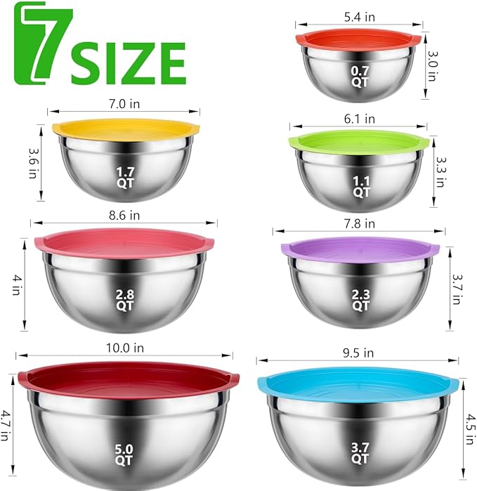 Mixing Bowls with Lids for Kitchen - 25 PCS Stainless Steel Nesting Colorful Mixing Bowls Set for Baking,Mixing,Serving & Prepping,Size 5, 3.7, 2.8, 2.3, 1.7, 1.1, 0.7QT,11 Cooking Utensils
