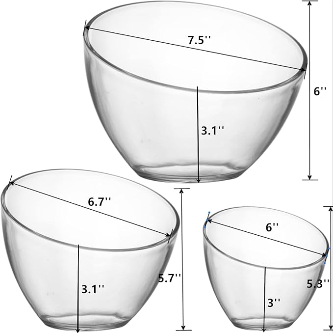Lyellfe 3 Pack Angled Plastic Bowls, Clear Salad Serving Bowl, Thick Acrylic Candy Bowls for Parties in Assorted Sizes, Snack Bowl for Pasta, Candy, Chips, Fruit, Prep