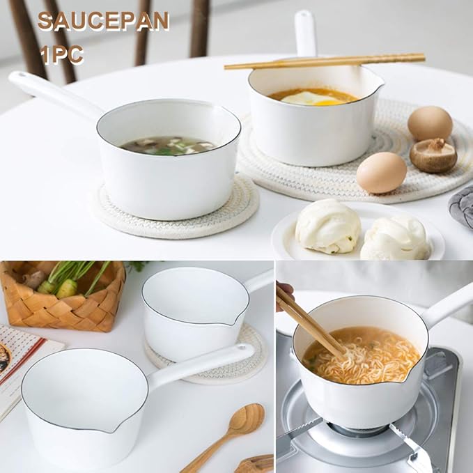 1.2L Saucepan, Nonstick Milk Pan with Pour Spouts, Butter Warmer, Melting Milk Boiling Porridge Soup Saucepan Gas Stove Enamel Milk Pot with Handle for Home Kitchen(White)