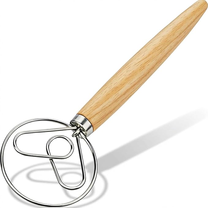 Danish Dough Whisk with Dough Hook Stainless Steel Wooden Handle for Sourdough Bread Baking Dough Mixing
