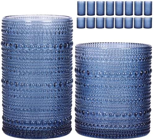Moretoes Blue Hobnail Drinking Glasses Set of 16 Glass Cups