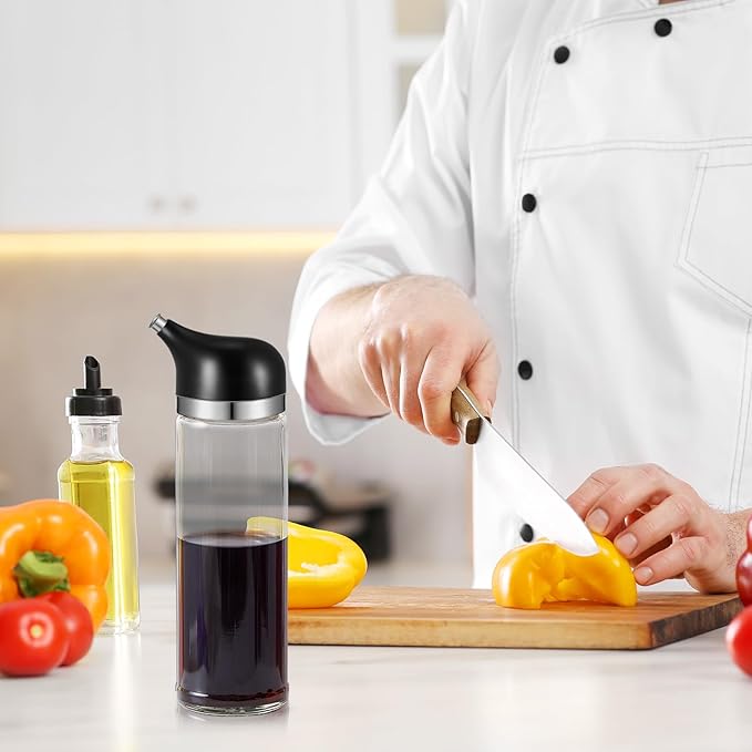2 Pcs Cruet Dispenser Set 8 oz, White and Black Glass Soy Sauce Dispenser, Small Olive Oil and Vinegar Bottles, Soy Sauce Bottle, Non Drip Spout Cruet Bottle for Kitchen Cooking