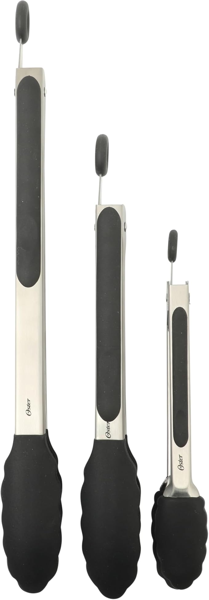 Oster 3-Piece Kitchen Tongs Set – 12", 9", 7" Locking Tongs with Heat-Resistant Nylon Tips and Stainless Steel Handles, Nonstick Safe, BPA-Free, Dishwasher Safe, Black Cooking Tongs