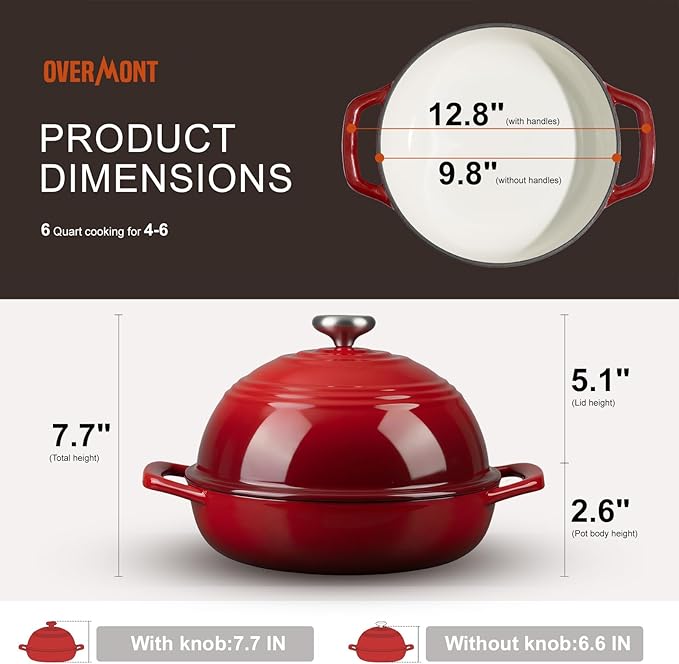 Overmont Enameled Cast Iron Bread Oven - 6QT Bread Dutch Oven for Sourdough Bread Baking - Bread Pot with Dome Lid Cotton Potholders & Cookbook - Multi-Functional Bread Pan For Baking Frying Roasting