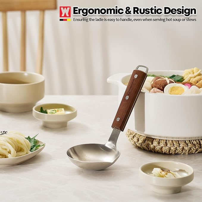 7.87" x 3.94" Short Ladle with Wooden Handle & Spout, SUS304 Stainless Steel Head, Ergonomic & Durable Design, Ideal for Serving Soup, Stews & Sauces, Comfortable Grip