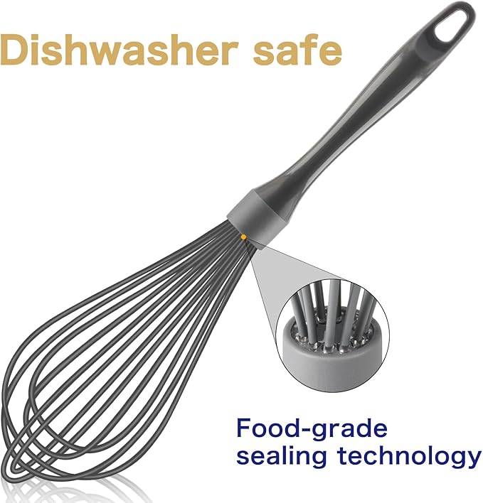 Dishwasher Safe Whisk, Professional Whisks for Cooking Non-Scratch, Stainless Steel & Silicone Wisk, Plastic Rubber Whisk Tool for Nonstick Cookware Pans, Heat Resistant,12-Inch, Grey