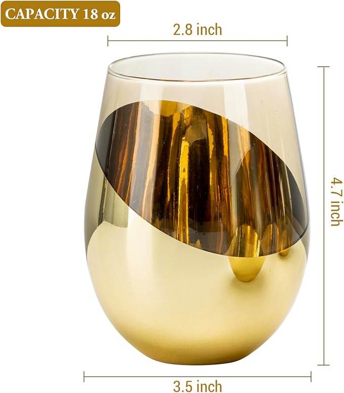 MyGift 18 oz Mid Century Smoked Brown Stemless Wine Glasses with Angled Brass Accents, Translucent Vintage Amber Glass Cocktail Beverage Drinking Cups, Set of 4