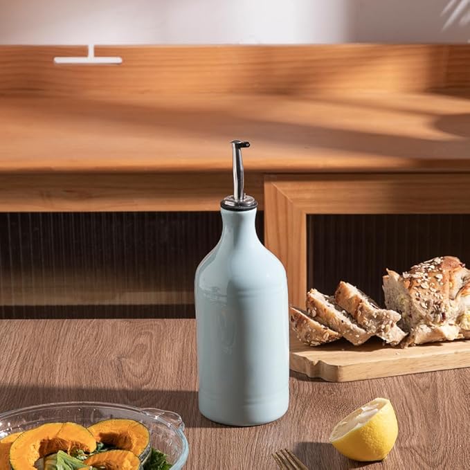 Sweejar Ceramic Olive Oil Dispenser Bottle, Opaque Oil Cruet Protects to Reduce Oxidation, Suitable for Storage Vinegar, Coffee Syrups & Other Liquids, Pack of 1, 15.5 Fl Oz(Light Blue)