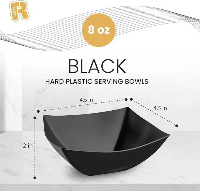 R-kay 6 Pack Square Plastic Serving Bowls - Black Plastic bowls 8 Oz - Disposable Serving Bowls, Disposable Heavy Duty For Weddings Catering And Birthday parties
