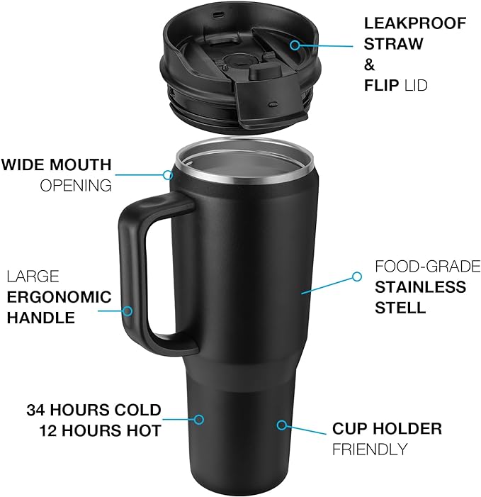 40 oz Tumbler with Handle, Insulated Tumblers with Lid and Straw, Large Metal Sports Water Bottle Jug, Thermal Stainless Steel Travel Coffee Mug Cup, Black