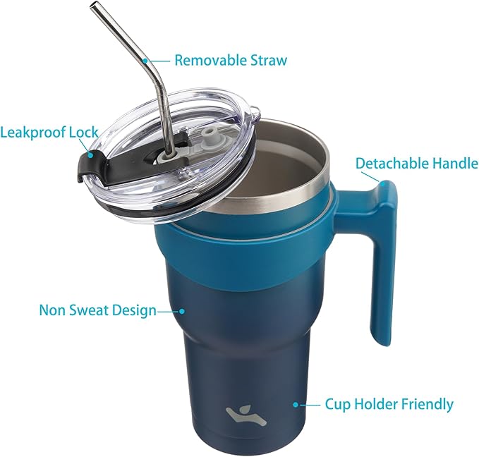 30 oz Tumbler with Handle and 2 Straw 2 Lid, Insulated Water Bottle Stainless Steel Vacuum Cup Reusable Travel Mug,Indigo Black