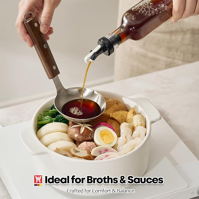 7.87" x 3.94" Short Ladle with Wooden Handle & Spout, SUS304 Stainless Steel Head, Ergonomic & Durable Design, Ideal for Serving Soup, Stews & Sauces, Comfortable Grip