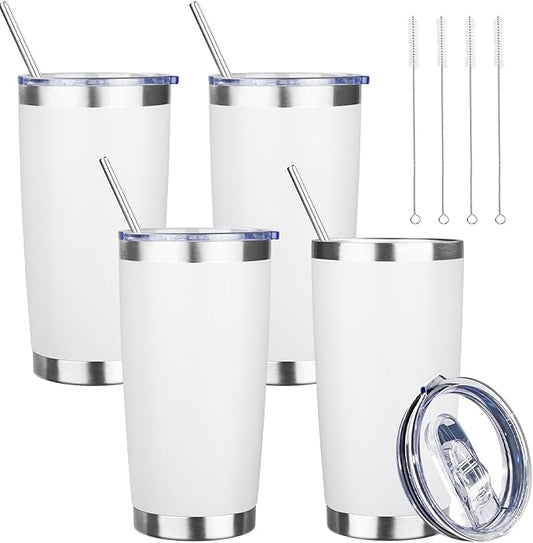 20 oz Tumbler with Lids and Straws, Stainless Steel Insulated Travel Coffee Mug, Double Wall Vacuum Insulated Tumblers, Powder Coated Coffee Tumbler for Cold & Hot Drinks (White, 4pack)