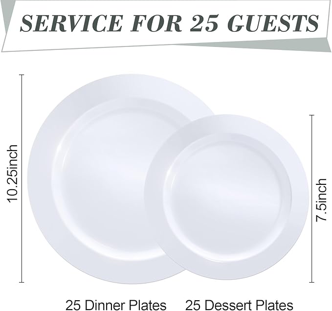 50PCS White Plastic Plates, Disposable Dinnerware for 25 Guests, Include 10.25 inch & 7.5 inch Dinner & Dessert Plates for Party, Wedding and Graduation