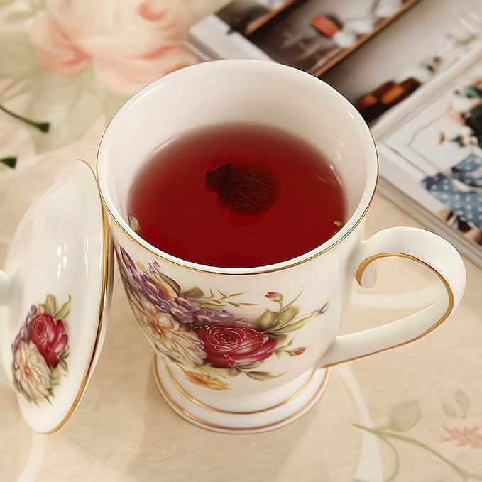 Ceramic Mug,Fine Bone China Tea Cup, Tea Mugs for Women, Tea Cup with Lid, Suitable for Making Tea, Cold Drinks, Hot Drinks, Coffee, Etc, 10 oz