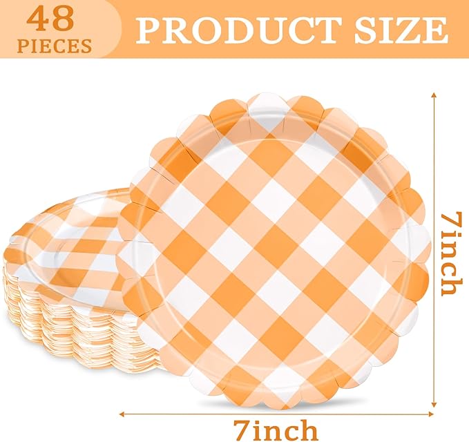48 Pcs 7" Orange Gingham Paper Plates, Disposable Orange and White Checkered Party Plates with Scalloped Edges, Fall Plaid Dessert Plates for Pumpkin Baby Shower, Picnic, Thanksgiving, Birthday Party