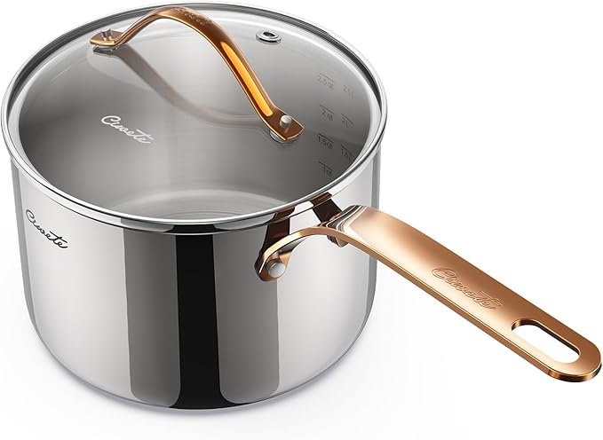 3 Quart Sauce Pan with Lid, Upgraded Tri-Ply Stainless Steel Saucepan with Mirror Polishing and 2 Scales, Induction Ready Cooking Pot with Stay-Cool Brass Handle, Dishwasher & Oven Safe