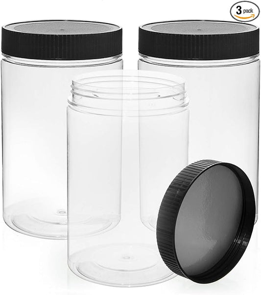 27 Ounce Plastic Jars with Lids, 3 Pack Food Storage Containers Airtight, Clear Containers for Organizing