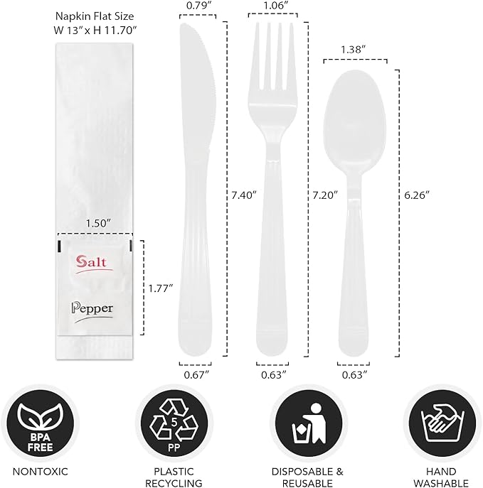 Party Essentials Individually Wrapped Plastic Cutlery Packets/Heavy Duty Silverware Kits, Fork/Spoon/Knife/Napkin/Salt/Pepper, 50 Utensils Sets, White