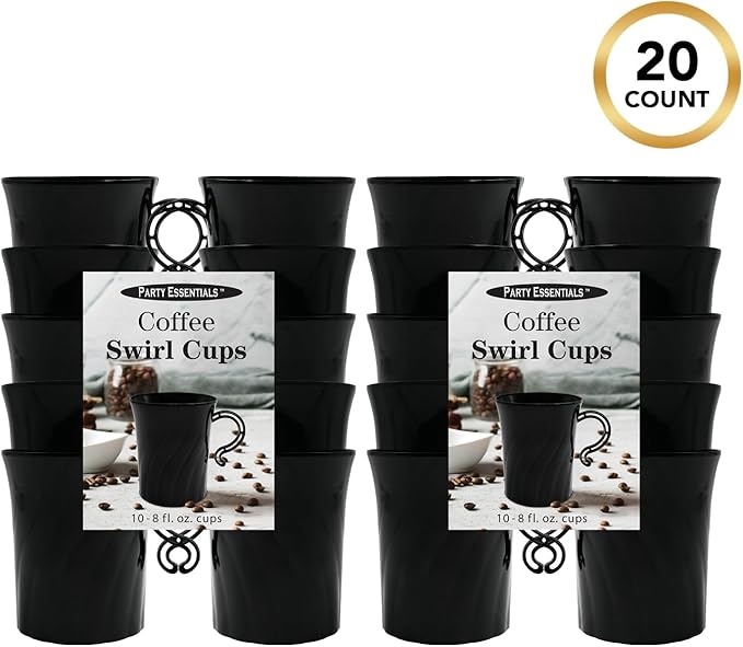Party Essentials Disposable Plastic 8 oz. Swirled Cups With Handle for Coffee/Tea/Dessert/Fruit/Punch Drinks, Black, 20 Count