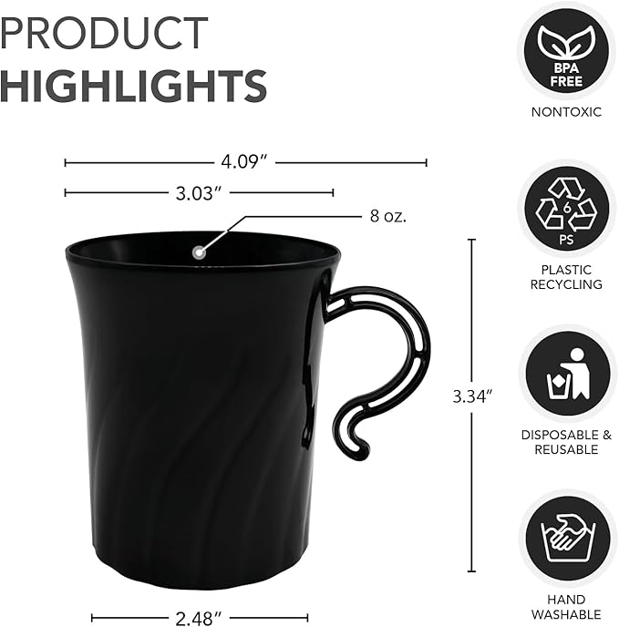 Party Essentials Disposable Plastic 8 oz. Swirled Cups With Handle for Coffee/Tea/Dessert/Fruit/Punch Drinks, Black, 20 Count