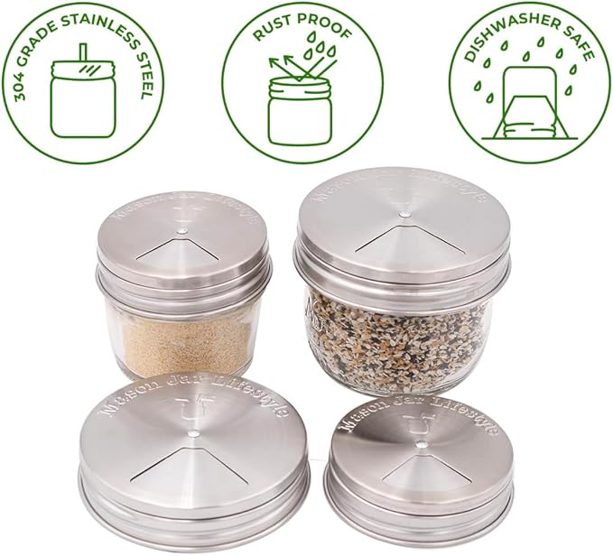 Mason Jar Lifestyle Adjustable Spice Shaker Lids for Regular Mouth Mason Jars – 4 Pack Stainless Steel Tops with Shaker and Pour Options – Seasoning Dispenser Lids
