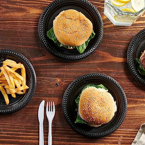 PLASTICPRO 100 PCS Black Plastic Plates Light Weight 7 Inch Plastic Dinner Dessert Appetizer Plates Black Plates Disposable for Party and Wedding