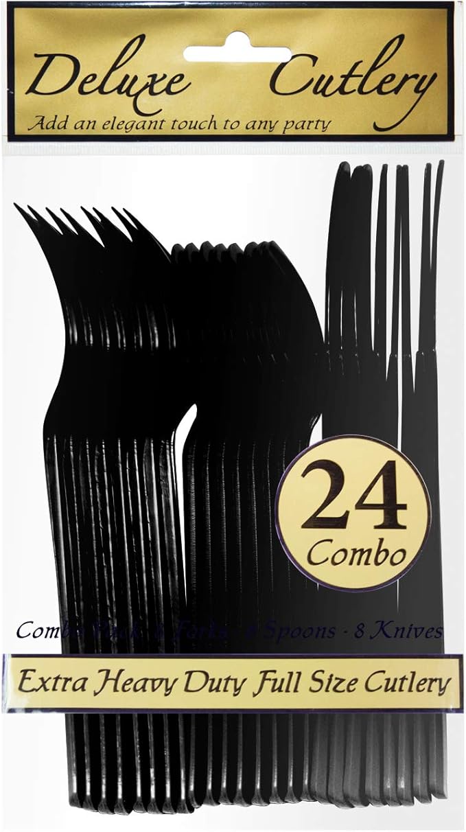 Party Essentials Extra Heavy Duty Hard Plastic Cutlery Combo Pack and Full Size Knives/Forks/Spoons, Black, 8 Place Setting-Count