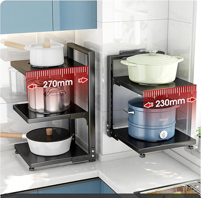 Pots and Pans Organizer for Cabinet Black Adjustable 3 Tier Pot Organizer Rack Under Sink or Floating Shelf Heavy Duty Kitchen Storage Organizers Pot Lid Organizer