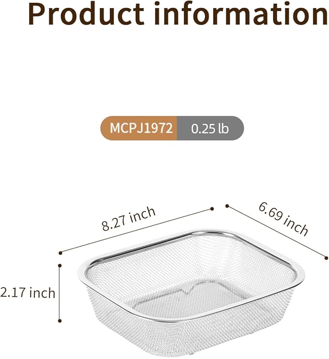 18/8 Stainless Steel Colander Strainer for Kitchen, Rectangular Colander for Pasta, Vegetables, Fruits, Rustproof & Dishwasher Safe (8.27 x 6.69 x 2.17 inch)