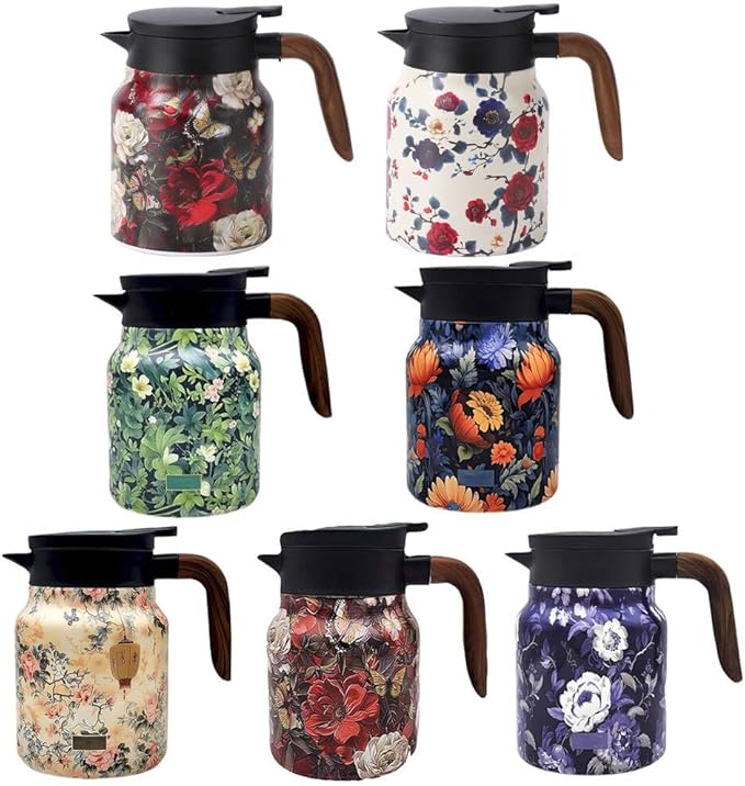 Vintage Floral Pattern Tea Pots – Built-in Infuser,Vintage Floral Teapot with Built In Infuser Stainless Steel Thermal Carafe with Lid for Hot Drinks,Green(Wooden handle,35oz)
