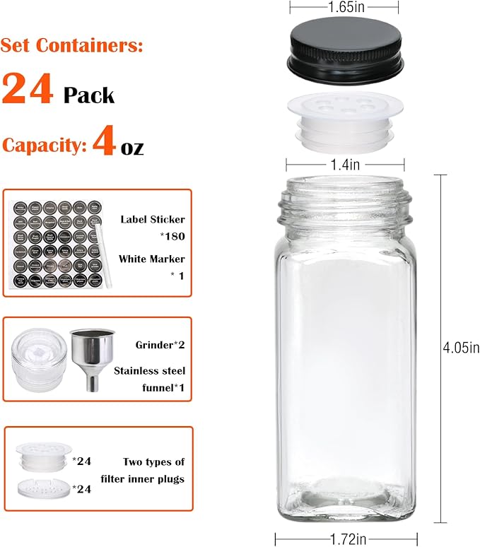 24pcs Spice Jars with180 Labels,Glass Spice Jars, Seasoning Containers,Seasoning Organizer,Include black metal lid, pen, grinder, stainless steel funnel, two type inner plugs