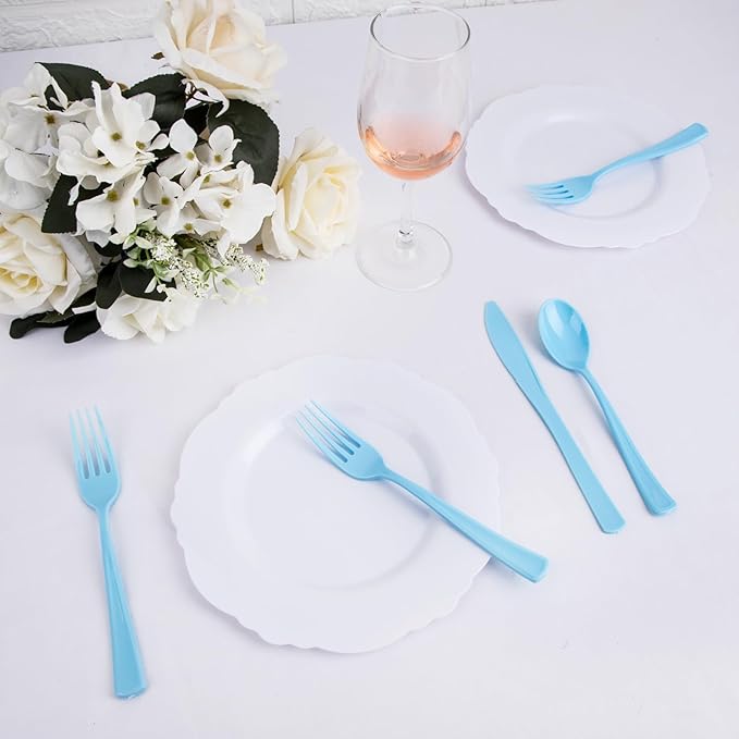 WDF 160 Piece Blue Plastic Silverware - Heavy Duty Blue Silverware Includes 80 Forks, 40 Spoons, 40 Knives, Disposable Plastic Utensils Perfect for Wedding, Graduation, Party,Easter