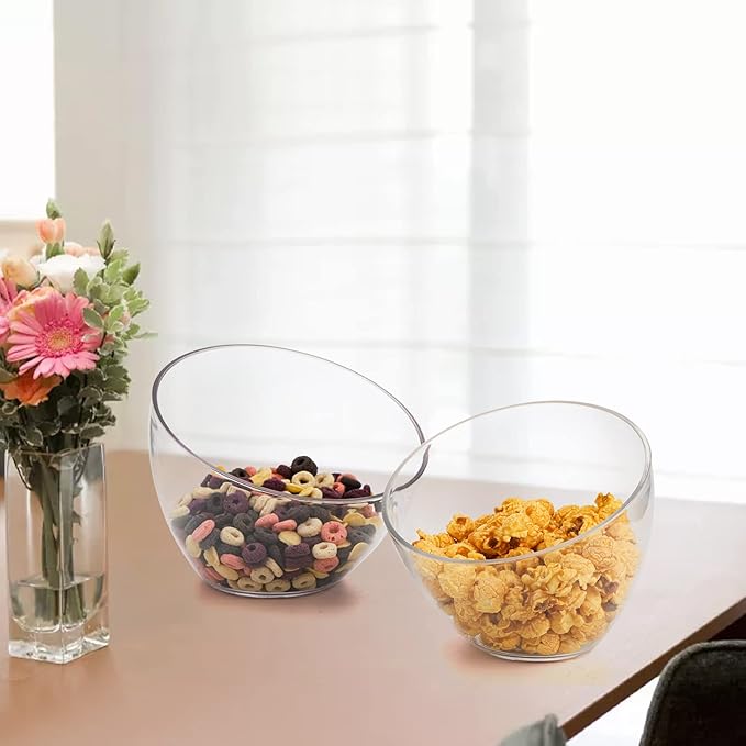 Lyellfe 3 Pack Angled Plastic Bowls, Clear Salad Serving Bowl, Thick Acrylic Candy Bowls for Parties in Assorted Sizes, Snack Bowl for Pasta, Candy, Chips, Fruit, Prep