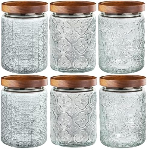 6-Pack 24 OZ Vintage Glass Jar with Lid, Airtight Food Storage Canisters with Bamboo for Kitchen Counter Pantry, Ideal for Coffee, Candy, Tea, Oats, Sugar, Cookies Decorative Jars