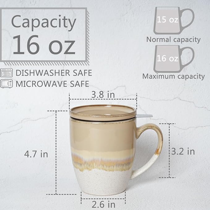 Bosmarlin Ceramic Tea Cup with Infuser and Lid, 16 Oz, 5 Colors to Choose, Dishwasher and Microwave Safe, Reactive Glaze, Steeping Tea Mug with Strainer (Brown Grey)